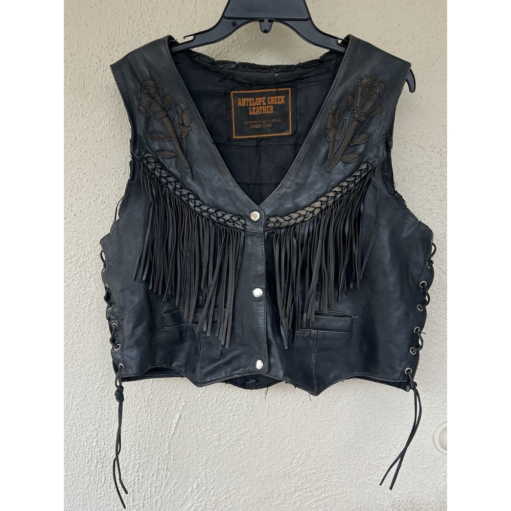 Vtg Embroidered Rose Leather Vest Fringe Lace Up Sides Concho Snap Front V Neck